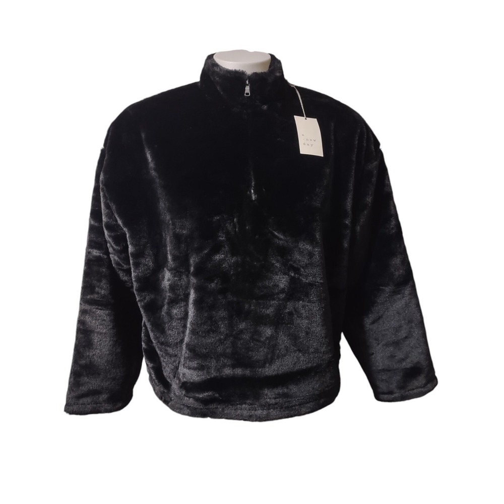 A New Day Faux Fur Pullover Womens Large Cozy Core Black Quarter Zip Jacket Newโ